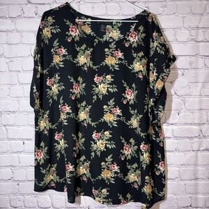 Forever 21 Women's Plus Boho Black Floral Tunic Kimono Flutter Sleeve Scoop Neck